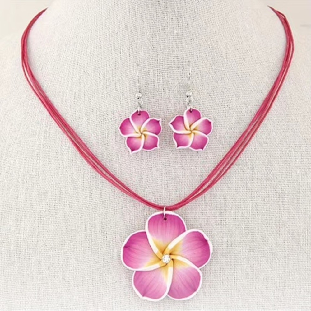 New! Beautiful Dark Pink Pendant Flower Zircon Necklace Matching Drop Earrings